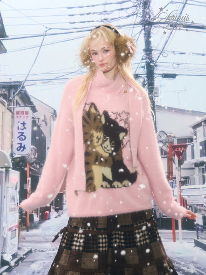 Cat Pattern With Scarf Semi-Turtle Neck Soft Glutinous Lazy Sweater【s0000015252】