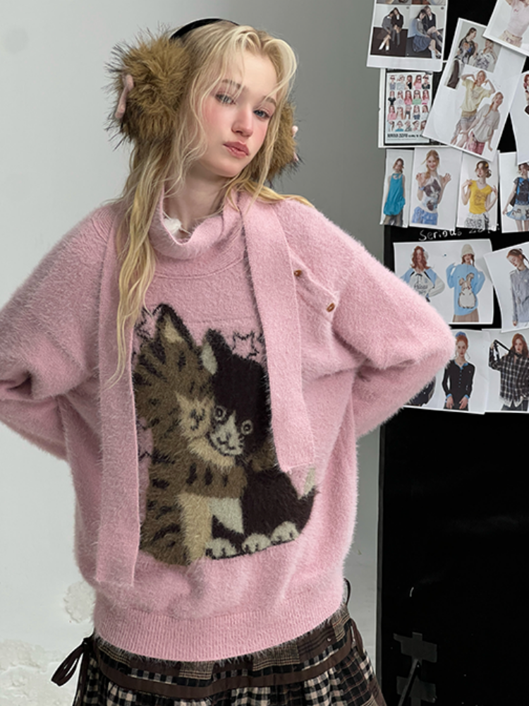Cat Pattern With Scarf Semi-Turtle Neck Soft Glutinous Lazy Sweater【s0000015252】
