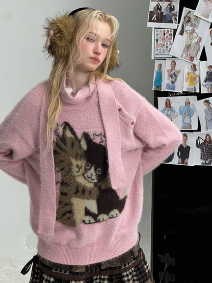 Cat Pattern With Scarf Semi-Turtle Neck Soft Glutinous Lazy Sweater【s0000015252】