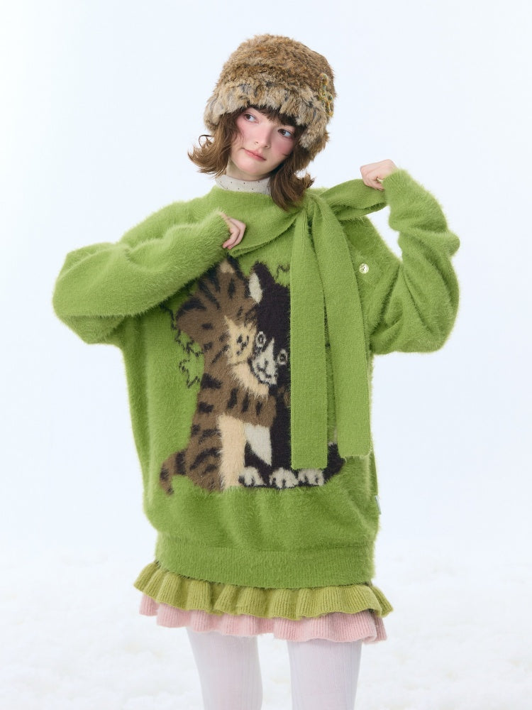 Cat Pattern With Scarf Semi-Turtle Neck Soft Glutinous Lazy Sweater【s0000015252】