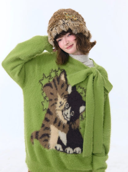 Cat Pattern With Scarf Semi-Turtle Neck Soft Glutinous Lazy Sweater【s0000015252】
