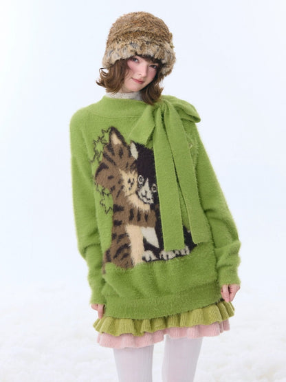 Cat Pattern With Scarf Semi-Turtle Neck Soft Glutinous Lazy Sweater【s0000015252】