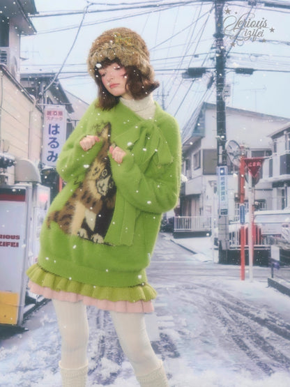 Cat Pattern With Scarf Semi-Turtle Neck Soft Glutinous Lazy Sweater【s0000015252】
