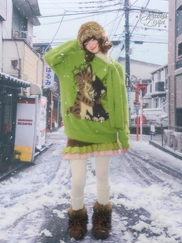 Cat Pattern With Scarf Semi-Turtle Neck Soft Glutinous Lazy Sweater【s0000015252】