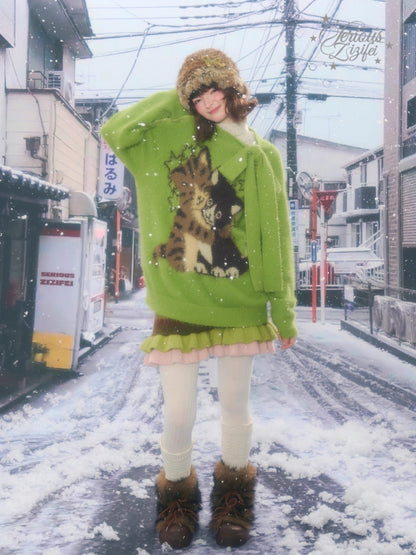Cat Pattern With Scarf Semi-Turtle Neck Soft Glutinous Lazy Sweater【s0000015252】