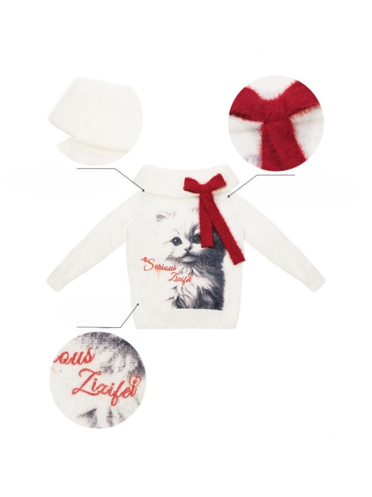 Bow Cat Print Navy Collar Off-Shoulder Sweater【s0000015253】