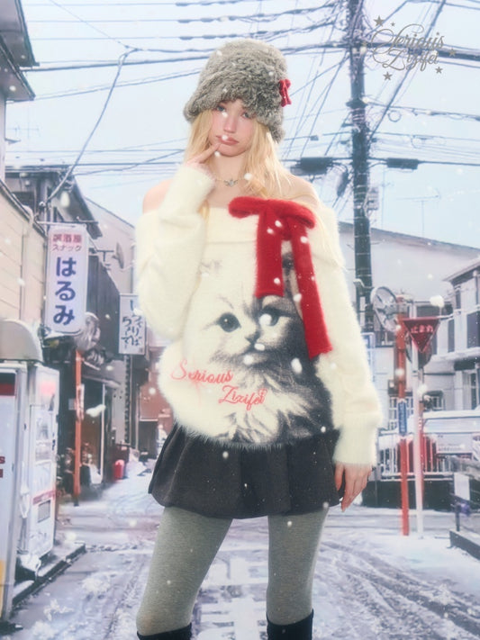 Bow Cat Print Navy Collar Off-Shoulder Sweater【s0000015253】