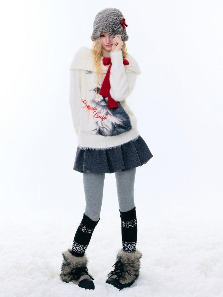 Bow Cat Print Navy Collar Off-Shoulder Sweater【s0000015253】
