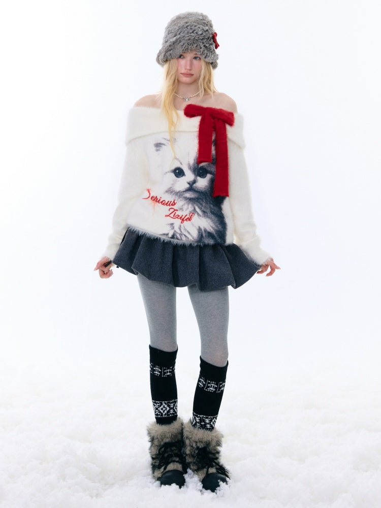 Bow Cat Print Navy Collar Off-Shoulder Sweater【s0000015253】
