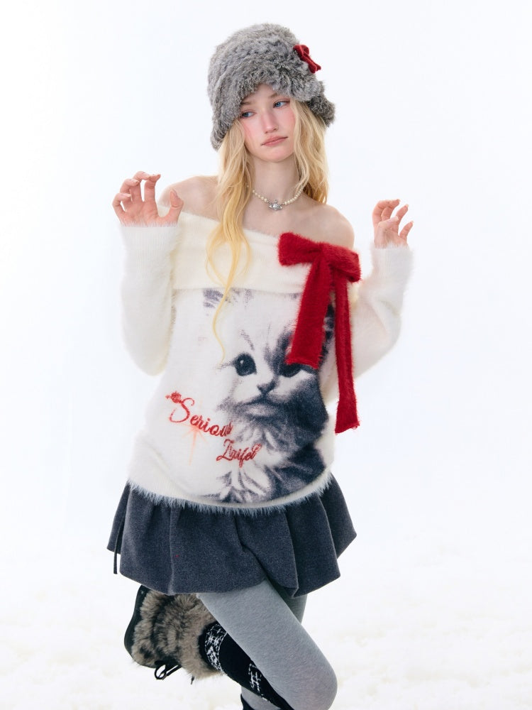 Bow Cat Print Navy Collar Off-Shoulder Sweater【s0000015253】