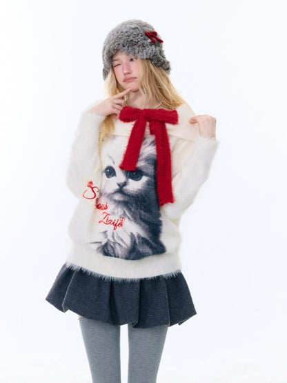 Bow Cat Print Navy Collar Off-Shoulder Sweater【s0000015253】