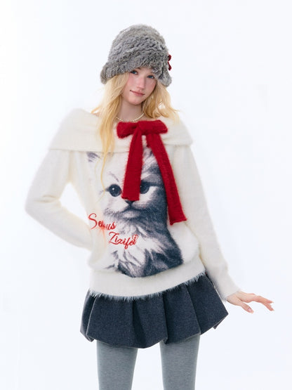Bow Cat Print Navy Collar Off-Shoulder Sweater【s0000015253】
