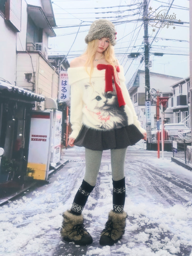 Bow Cat Print Navy Collar Off-Shoulder Sweater【s0000015253】