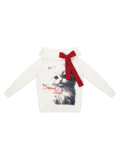 Bow Cat Print Navy Collar Off-Shoulder Sweater【s0000015253】