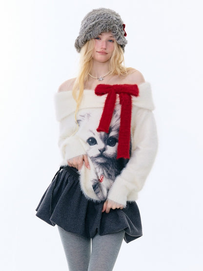 Bow Cat Print Navy Collar Off-Shoulder Sweater【s0000015253】