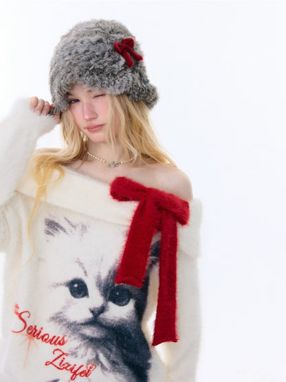 Bow Cat Print Navy Collar Off-Shoulder Sweater【s0000015253】
