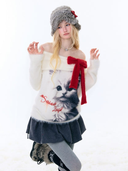 Bow Cat Print Navy Collar Off-Shoulder Sweater【s0000015253】