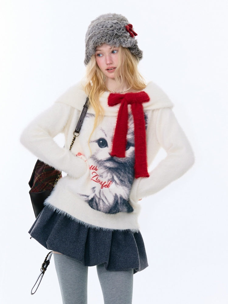Bow Cat Print Navy Collar Off-Shoulder Sweater【s0000015253】