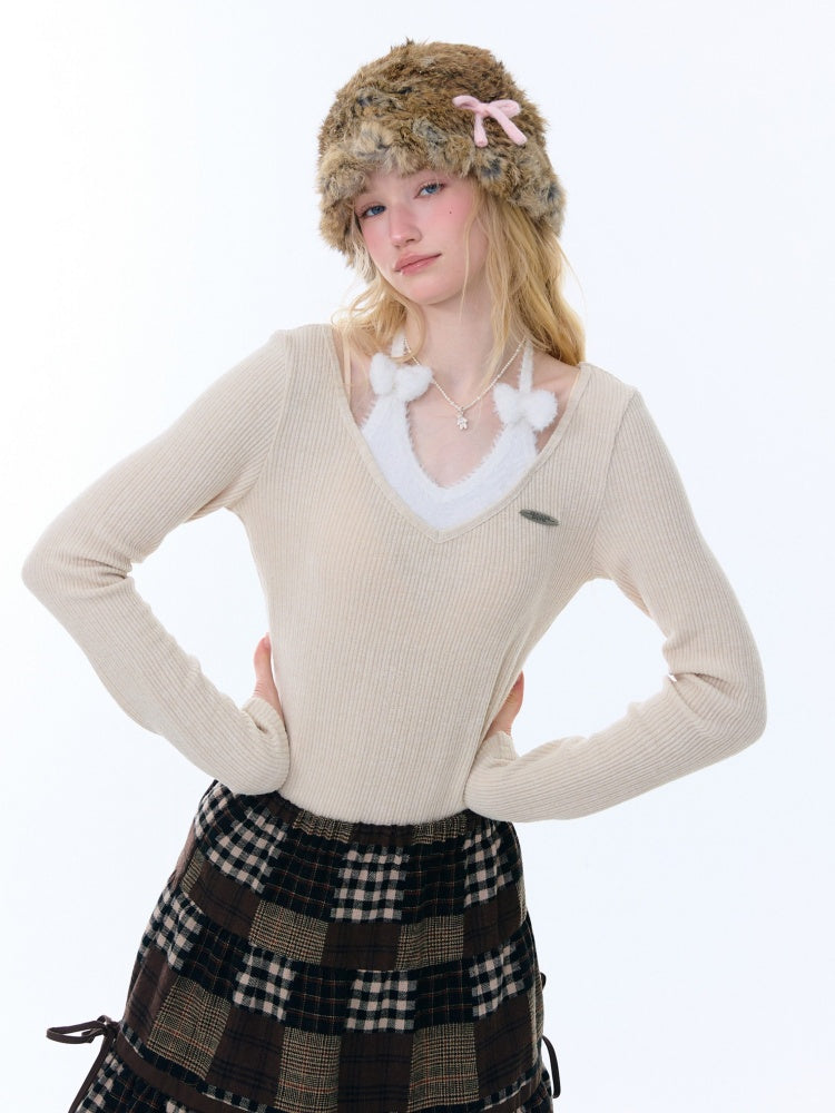 Slimming Bow Halter-Neck Long Sleeve T-Shirt Knitted Base Shirt【s0000015254】