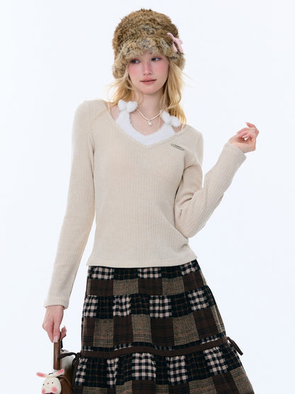 Slimming Bow Halter-Neck Long Sleeve T-Shirt Knitted Base Shirt【s0000015254】