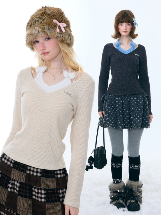 Slimming Bow Halter-Neck Long Sleeve T-Shirt Knitted Base Shirt【s0000015254】