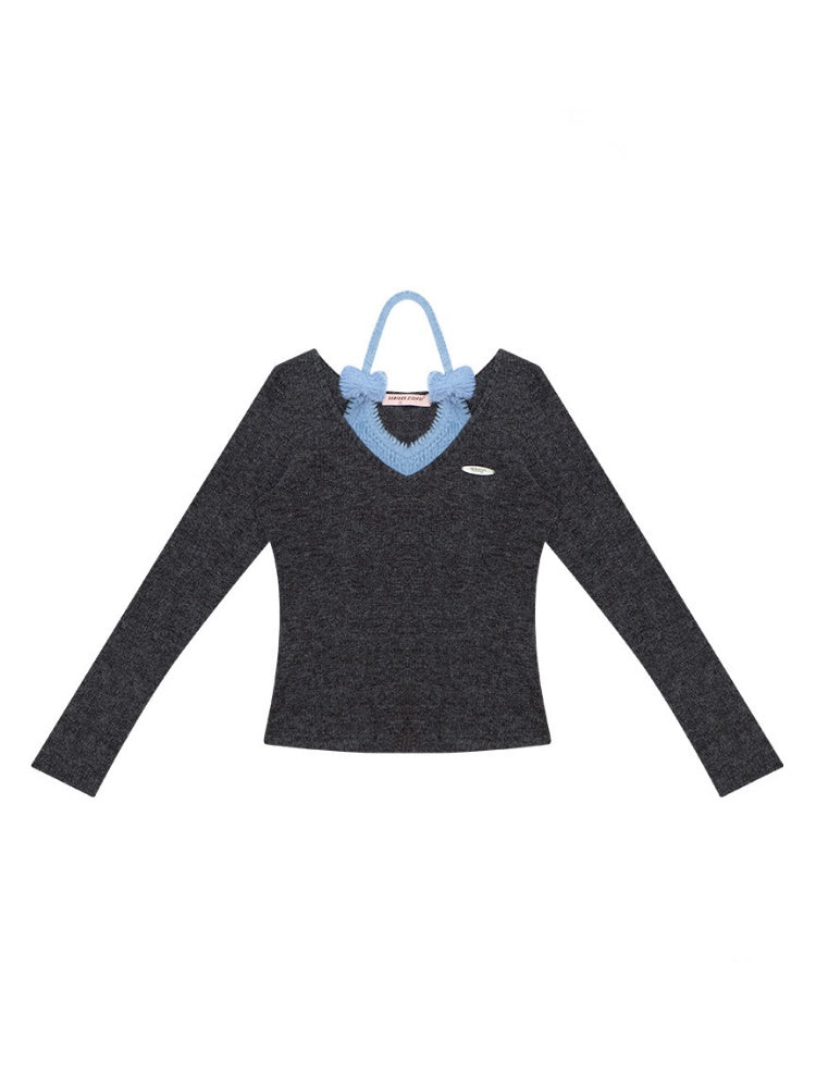 Slimming Bow Halter-Neck Long Sleeve T-Shirt Knitted Base Shirt【s0000015254】