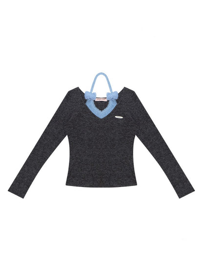 Slimming Bow Halter-Neck Long Sleeve T-Shirt Knitted Base Shirt【s0000015254】