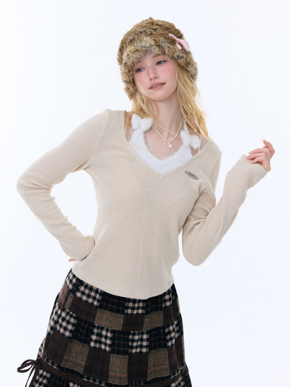 Slimming Bow Halter-Neck Long Sleeve T-Shirt Knitted Base Shirt【s0000015254】