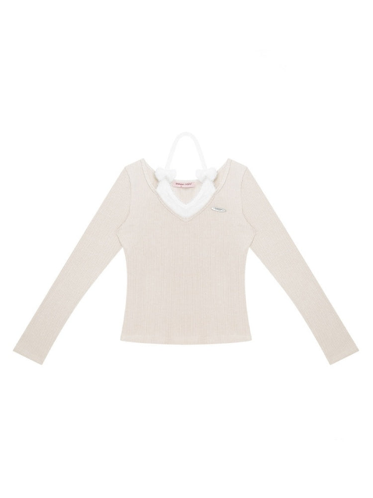 Slimming Bow Halter-Neck Long Sleeve T-Shirt Knitted Base Shirt【s0000015254】