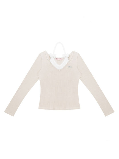 Slimming Bow Halter-Neck Long Sleeve T-Shirt Knitted Base Shirt【s0000015254】