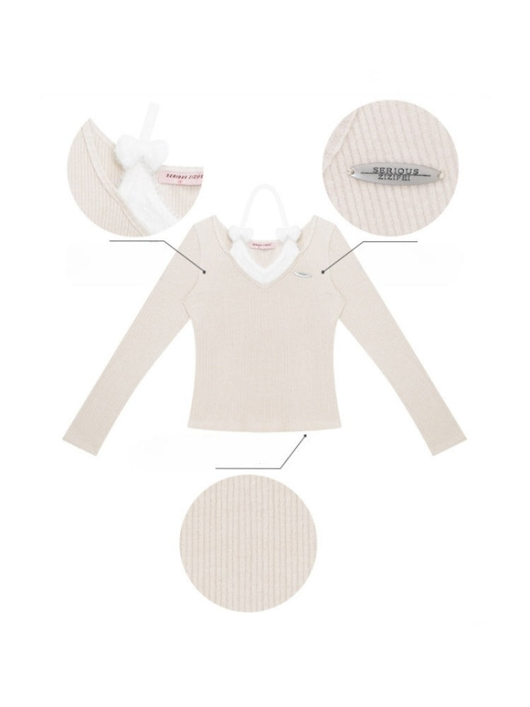 Slimming Bow Halter-Neck Long Sleeve T-Shirt Knitted Base Shirt【s0000015254】