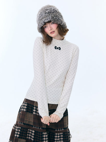 Semi-Turtle Neck Polka Dot Long-Sleeved T-Shirt Slimming Knitted Base Shirt【s0000015255】