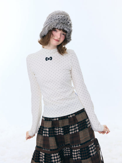 Semi-Turtle Neck Polka Dot Long-Sleeved T-Shirt Slimming Knitted Base Shirt【s0000015255】