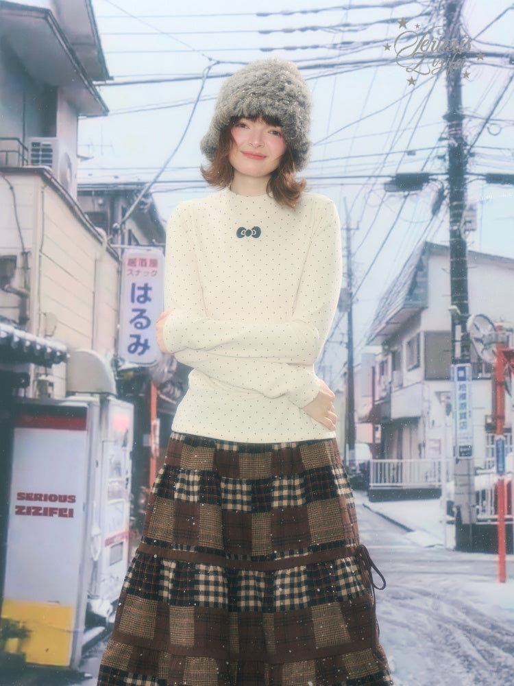 Semi-Turtle Neck Polka Dot Long-Sleeved T-Shirt Slimming Knitted Base Shirt【s0000015255】