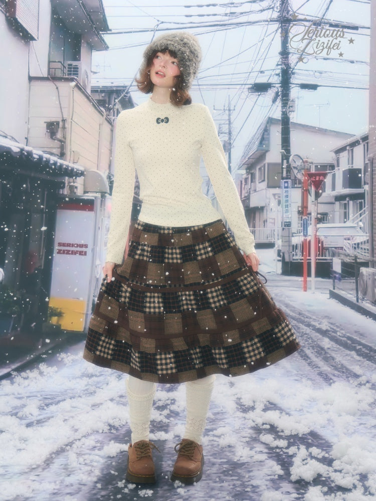 Semi-Turtle Neck Polka Dot Long-Sleeved T-Shirt Slimming Knitted Base Shirt【s0000015255】