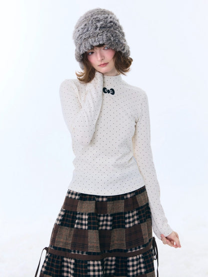 Semi-Turtle Neck Polka Dot Long-Sleeved T-Shirt Slimming Knitted Base Shirt【s0000015255】