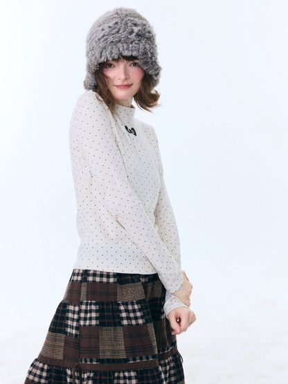 Semi-Turtle Neck Polka Dot Long-Sleeved T-Shirt Slimming Knitted Base Shirt【s0000015255】