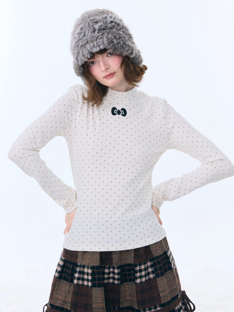 Semi-Turtle Neck Polka Dot Long-Sleeved T-Shirt Slimming Knitted Base Shirt【s0000015255】
