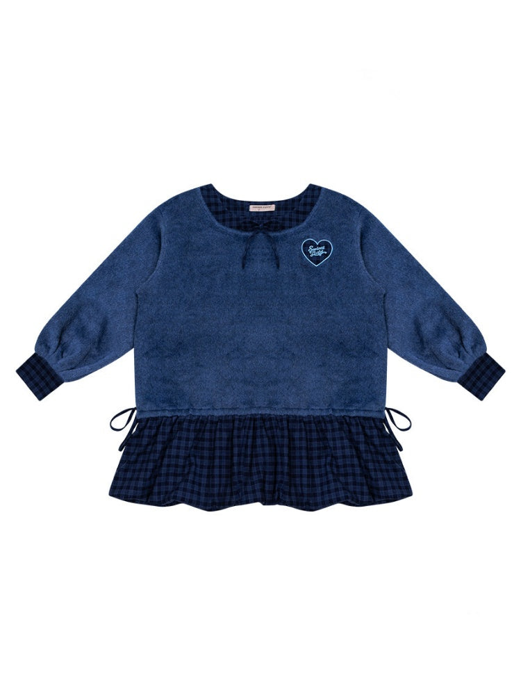 Splicing Plaid Tweed Pocket Hem Big U-Neck Long Sleeve Dress【s0000015268】