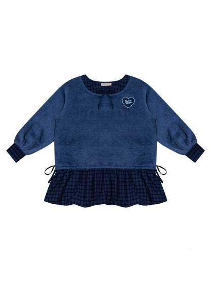 Splicing Plaid Tweed Pocket Hem Big U-Neck Long Sleeve Dress【s0000015268】