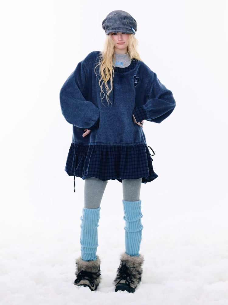 Splicing Plaid Tweed Pocket Hem Big U-Neck Long Sleeve Dress【s0000015268】