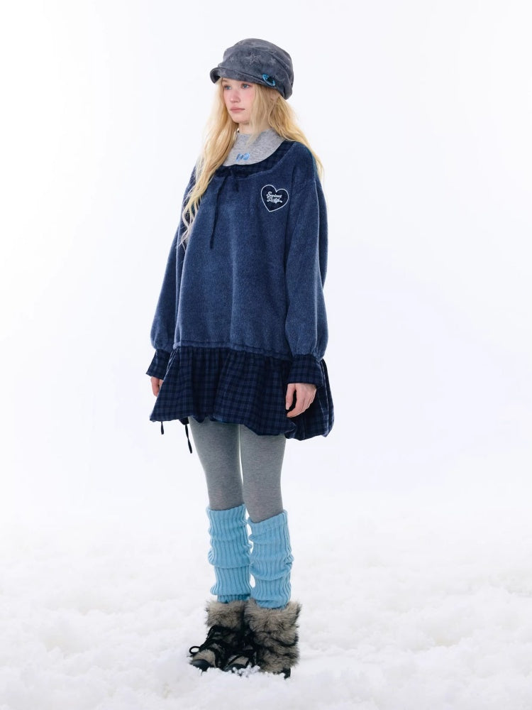 Splicing Plaid Tweed Pocket Hem Big U-Neck Long Sleeve Dress【s0000015268】