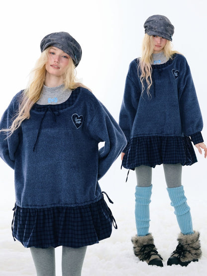 Splicing Plaid Tweed Pocket Hem Big U-Neck Long Sleeve Dress【s0000015268】