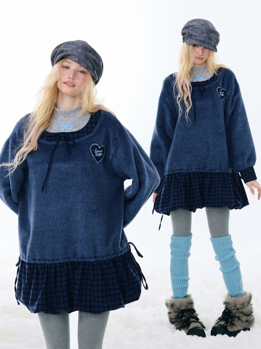 Splicing Plaid Tweed Pocket Hem Big U-Neck Long Sleeve Dress【s0000015268】