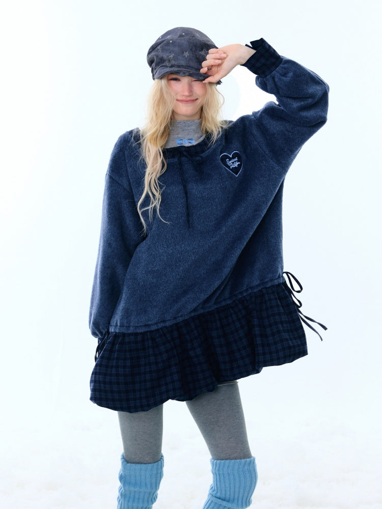 Splicing Plaid Tweed Pocket Hem Big U-Neck Long Sleeve Dress【s0000015268】