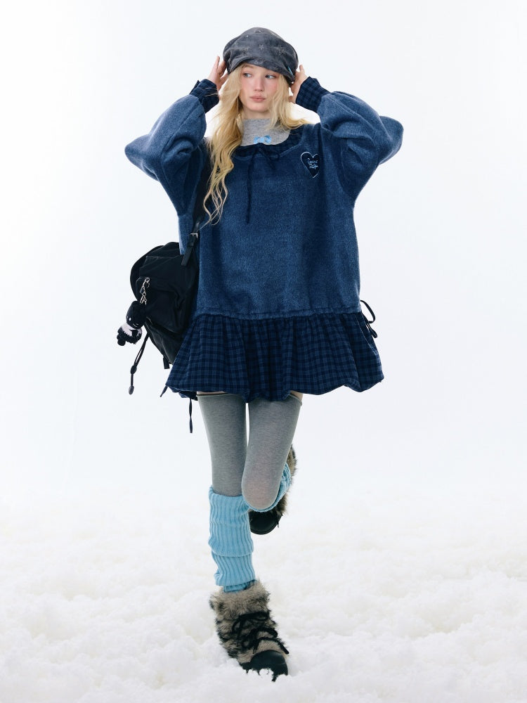 Splicing Plaid Tweed Pocket Hem Big U-Neck Long Sleeve Dress【s0000015268】