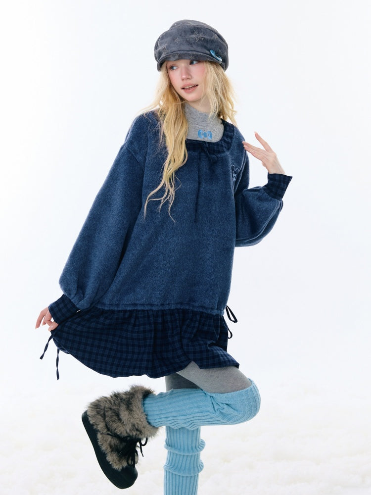 Splicing Plaid Tweed Pocket Hem Big U-Neck Long Sleeve Dress【s0000015268】