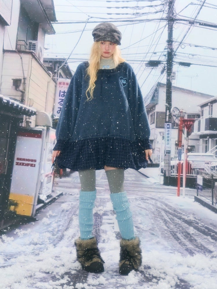 Splicing Plaid Tweed Pocket Hem Big U-Neck Long Sleeve Dress【s0000015268】