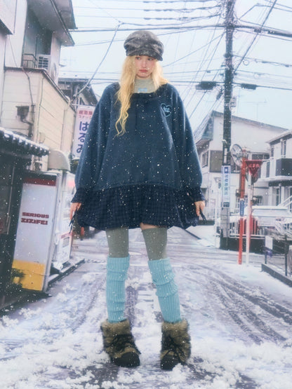 Splicing Plaid Tweed Pocket Hem Big U-Neck Long Sleeve Dress【s0000015268】