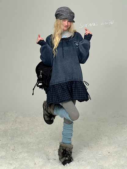 Splicing Plaid Tweed Pocket Hem Big U-Neck Long Sleeve Dress【s0000015268】